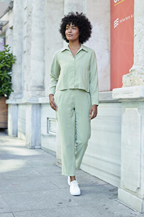 Kadın Likrasız Modal Kumaş Yüksek Bel Beli Lastikli Yan Cepli Dar Paça Bilek Boy Pantolon-Yağ Yeşili