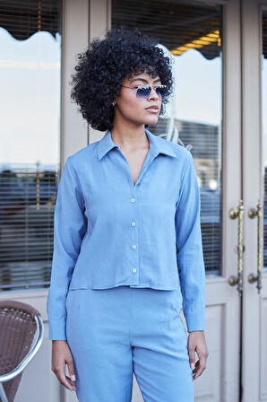 Kadın Likrasız Modal Kumaş Uzun Kol Hafif Kısa Gömlek-İndigo