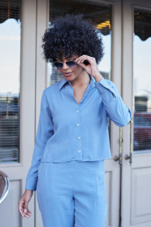 Kadın Likrasız Modal Kumaş Uzun Kol Hafif Kısa Gömlek-İndigo