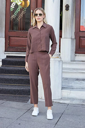 Kadın Likrasız Modal Kumaş Uzun Kol Hafif Kısa Gömlek-Kahve