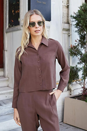 Kadın Likrasız Modal Kumaş Uzun Kol Hafif Kısa Gömlek-Kahve