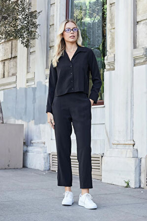 Kadın Likrasız Modal Kumaş Uzun Kol Hafif Kısa Gömlek-Siyah