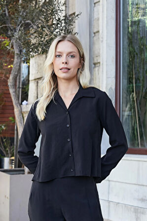 Kadın Likrasız Modal Kumaş Uzun Kol Hafif Kısa Gömlek-Siyah