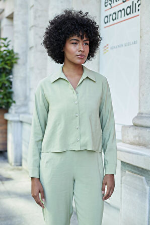 Kadın Likrasız Modal Kumaş Uzun Kol Hafif Kısa Gömlek-Yağ Yeşili