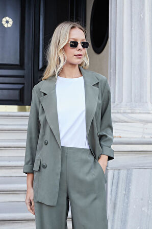 Kadın İpeksi Dokulu Modal Yüksek Bel Yan Cepli Arkası Lastikli Bol Paça Salaş Palazzo Pantolon-Haki