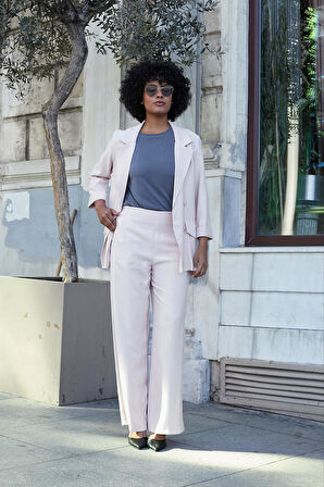 Kadın İpeksi Dokulu Modal Yüksek Bel Yan Cepli Arkası Lastikli Bol Paça Salaş Palazzo Pantolon-Pudra