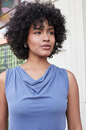 Kadın Modal Penye Degaje Yaka Kolsuz Bluz-İndigo