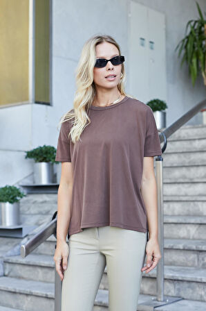 Kadın Modal Penye Geniş Sıfır Yaka Düşük Omuzlu Yanları Yırtmaçlı Bluz-Kahve