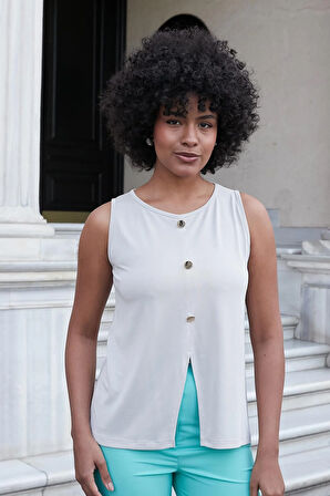 Kadın Modal Kumaş Geniş Sıfır Yaka Önü Yırtmaçlı Düğmeli Kolsuz Bluz-Taş