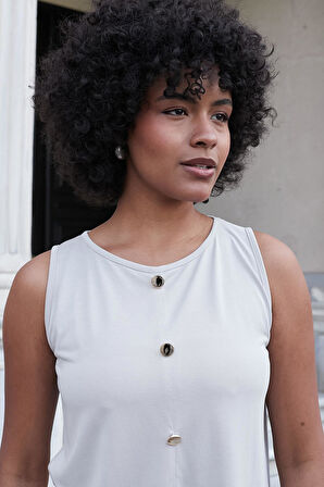 Kadın Modal Kumaş Geniş Sıfır Yaka Önü Yırtmaçlı Düğmeli Kolsuz Bluz-Taş