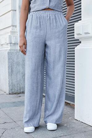 Kadın Keten Görünümlü Likrasız Yüksek Bel Beli Lastikli Yan Cepli Bol Paça Palazzo Pantolon-Gri