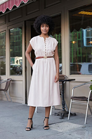 Kadın Yumuşak Dokulu İpeksi Modal Kumaş Hakim Yaka Beli Lastikli Önü Düğmeli Diz Altı Elbise-Taş