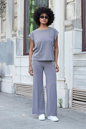 Kadın Modal İpeksi Likralı Kumaş Yüksek Bel Önden Dikişli Cepli Bol Paça Palazzo Pantolon-Antrasit