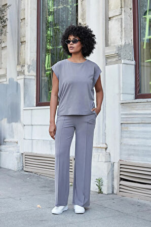 Kadın Modal İpeksi Likralı Kumaş Yüksek Bel Önden Dikişli Cepli Bol Paça Palazzo Pantolon-Antrasit