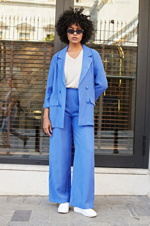 Kadın İpeksi Dokulu Modal Kumaş Yakalı Cep Kapaklı Oversize Salaş Blazer Ceket-İndigo