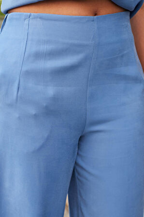 Kadın İpeksi Dokulu Modal Yüksek Bel Yan Cepli Arkası Lastikli Bol Paça Salaş Palazzo Pantolon-İndigo