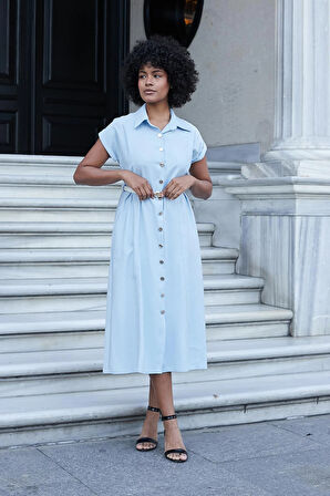 Kadın Twill Modal Yakalı Düşük Omuzlu Duble Kol  Midi Boy Diz Altı Elbise(Deri Kemer Dahil)-Mavi