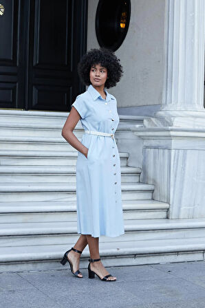 Kadın Twill Modal Yakalı Düşük Omuzlu Duble Kol  Midi Boy Diz Altı Elbise(Deri Kemer Dahil)-Mavi