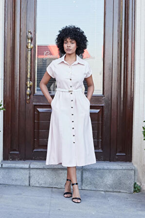 Kadın Twill Modal Yakalı Düşük Omuzlu Duble Kol  Midi Boy Diz Altı Elbise(Deri Kemer Dahil)-Pudra