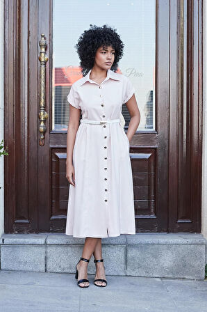 Kadın Twill Modal Yakalı Düşük Omuzlu Duble Kol  Midi Boy Diz Altı Elbise(Deri Kemer Dahil)-Pudra