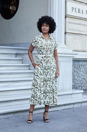 Kadın Desenli Yakalı Düşük Omuzlu Duble Kol Kemerli Midi Boy Elbise(Deri Kemer Dahil)-Haki Çiçek