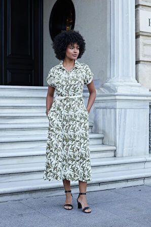 Kadın Desenli Yakalı Düşük Omuzlu Duble Kol Kemerli Midi Boy Elbise(Deri Kemer Dahil)-Haki Çiçek