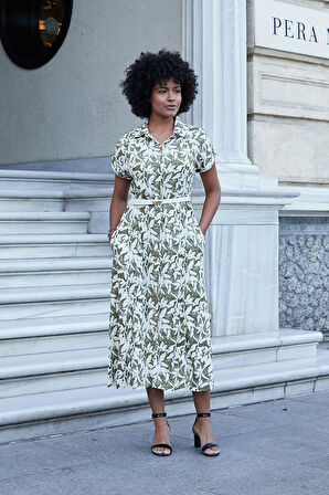 Kadın Desenli Yakalı Düşük Omuzlu Duble Kol Kemerli Midi Boy Elbise(Deri Kemer Dahil)-Haki Çiçek