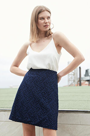 Kadın Dantel Detaylı Yüksek Bel Hafif Esnek Dokuma Kumaş Çan Etek(boy:49cm +-2cm)-Lacivert