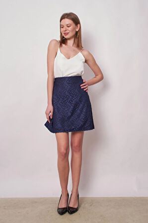 Kadın Dantel Detaylı Yüksek Bel Hafif Esnek Dokuma Kumaş Çan Etek(boy:49cm +-2cm)-Lacivert