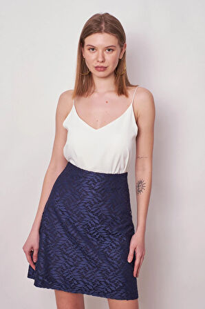 Kadın Dantel Detaylı Yüksek Bel Hafif Esnek Dokuma Kumaş Çan Etek(boy:49cm +-2cm)-Lacivert