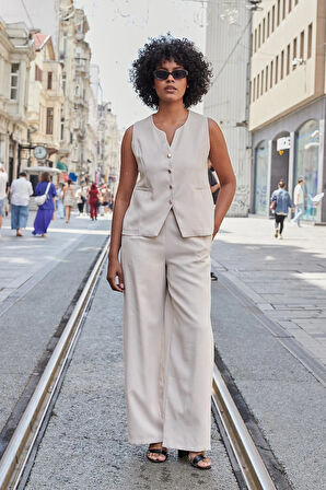 Kadın Likrasız İpeksi Modal Yumuşak Dokulu Kumaş Flato Cepli Düğmeli Yelek-Taş