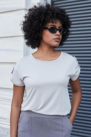 Kadın Modal Penye Geniş Sıfır Yaka Düşük Omuzlu Apoletli Kısa Kol T-shirt Bluz-Taş