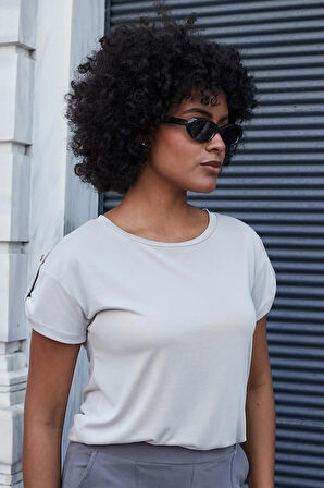 Kadın Modal Penye Geniş Sıfır Yaka Düşük Omuzlu Apoletli Kısa Kol T-shirt Bluz-Taş