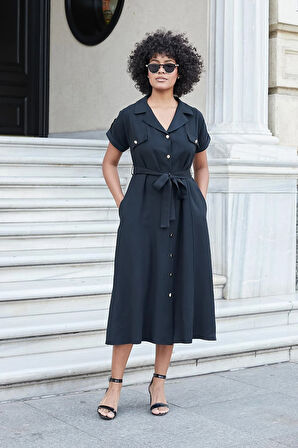 Kadın İpeksi Modal Kumaş Yakalı Düşük Omuzlu Apoletli Yan Cepli Kemerli Dİz Altı Boy Uzun Elbise-Siyah