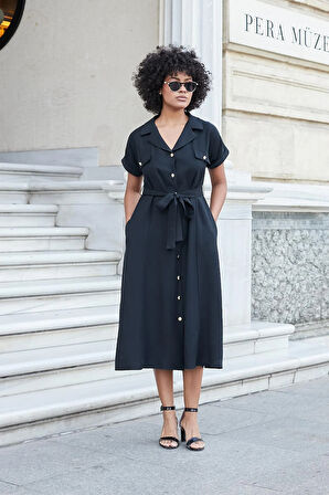 Kadın İpeksi Modal Kumaş Yakalı Düşük Omuzlu Apoletli Yan Cepli Kemerli Dİz Altı Boy Uzun Elbise-Siyah