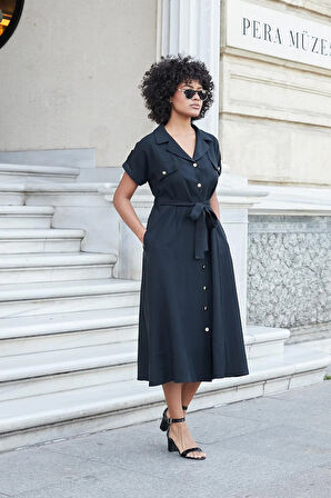 Kadın İpeksi Modal Kumaş Yakalı Düşük Omuzlu Apoletli Yan Cepli Kemerli Dİz Altı Boy Uzun Elbise-Siyah