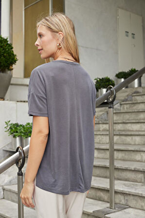 Kadın Modal Penye Geniş Sıfır Yaka Düşük Omuzlu Yanları Yırtmaçlı Bluz -Antrasit 