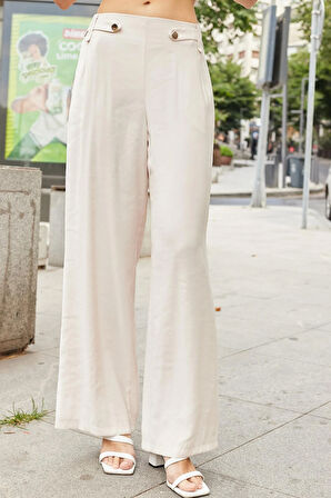Kadın İpeksi Modal Kumaş Yüksek Bel Beli Lastikli Apoletli Yan Cepli Bol Paça Palazzo Pantolon-Bej
