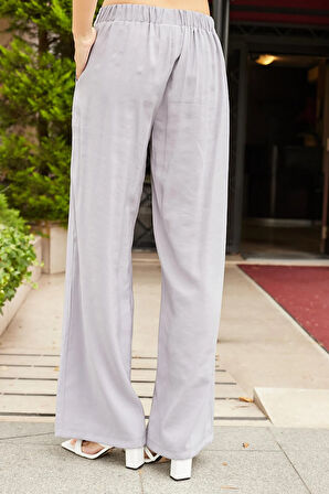 Kadın İpeksi Modal Kumaş Yüksek Bel Beli Lastikli Apoletli Yan Cepli Bol Paça Palazzo Pantolon-Gri
