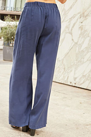 Kadın İpeksi Modal Kumaş Yüksek Bel Beli Lastikli Apoletli Yan Cepli Bol Paça Palazzo Pantolon-Lacivert