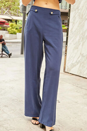 Kadın İpeksi Modal Kumaş Yüksek Bel Beli Lastikli Apoletli Yan Cepli Bol Paça Palazzo Pantolon-Lacivert