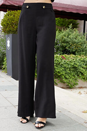 Kadın İpeksi Modal Kumaş Yüksek Bel Beli Lastikli Apoletli Yan Cepli Bol Paça Palazzo Pantolon-Siyah