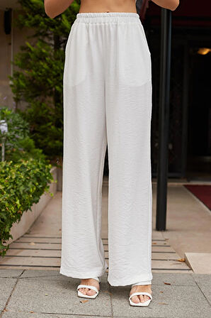 Kadın Likrasız Keten Kumaş Yüksek Bel Beli Lastikli Yan Cepli Bol Paça Palazzo Pantolon-Beyaz