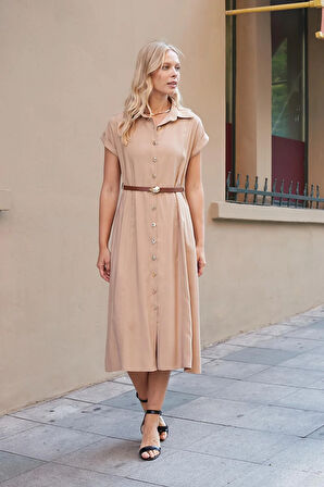 Kadın Twill Modal Yakalı Düşük Omuzlu Duble Kol  Midi Boy Diz Altı Elbise(Deri Kemer Dahil)-Camel 