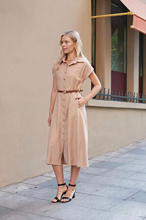 Kadın Twill Modal Yakalı Düşük Omuzlu Duble Kol  Midi Boy Diz Altı Elbise(Deri Kemer Dahil)-Camel 