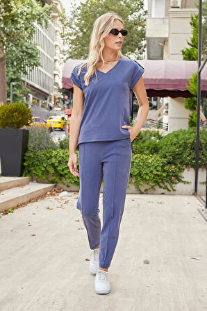 Kadın Modal İpeksi Likralı Kumaş V Yaka Duble Kollu Apoletli Yanları Yırtmaçlı T-shirt Bluz-İndigo