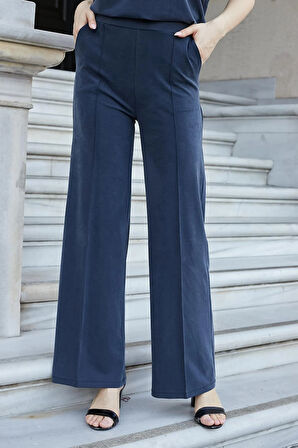 Kadın Modal İpeksi Likralı Kumaş Yüksek Bel Önden Dikişli Cepli Bol Paça Palazzo Pantolon-Lacivert 
