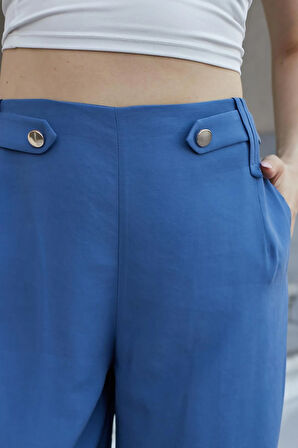 Kadın İpeksi Modal Kumaş Yüksek Bel Beli Lastikli Apoletli Yan Cepli Bol Paça Palazzo Pantolon-İndigo 