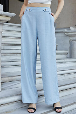 Kadın İpeksi Modal Kumaş Yüksek Bel Beli Lastikli Apoletli Yan Cepli Bol Paça Palazzo Pantolon-Mavi 