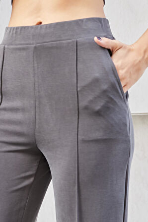 Kadın İpeksi Modal Esnek Kumaş Yüksek Bel Önden Dikişli Yan Cepli Bol Paça Palazzo Pantolon-Antrasit